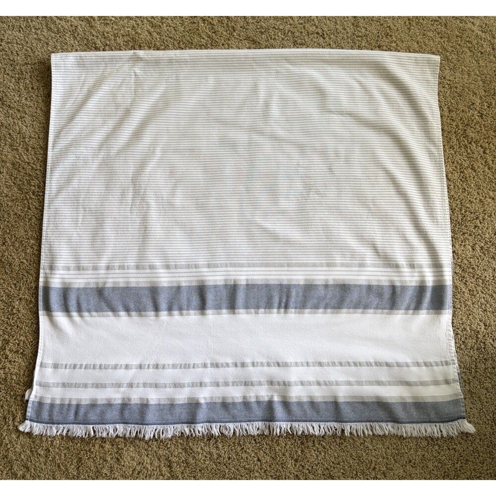 LADINNE Beach Towel 100% Cotton White Gray Blue Stripes 34”x63” Made In Turkey
